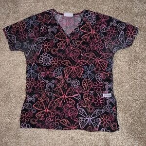 Uniform Advantage Black Pink Purple Butterfly and Floral Print Scrub Top size XS